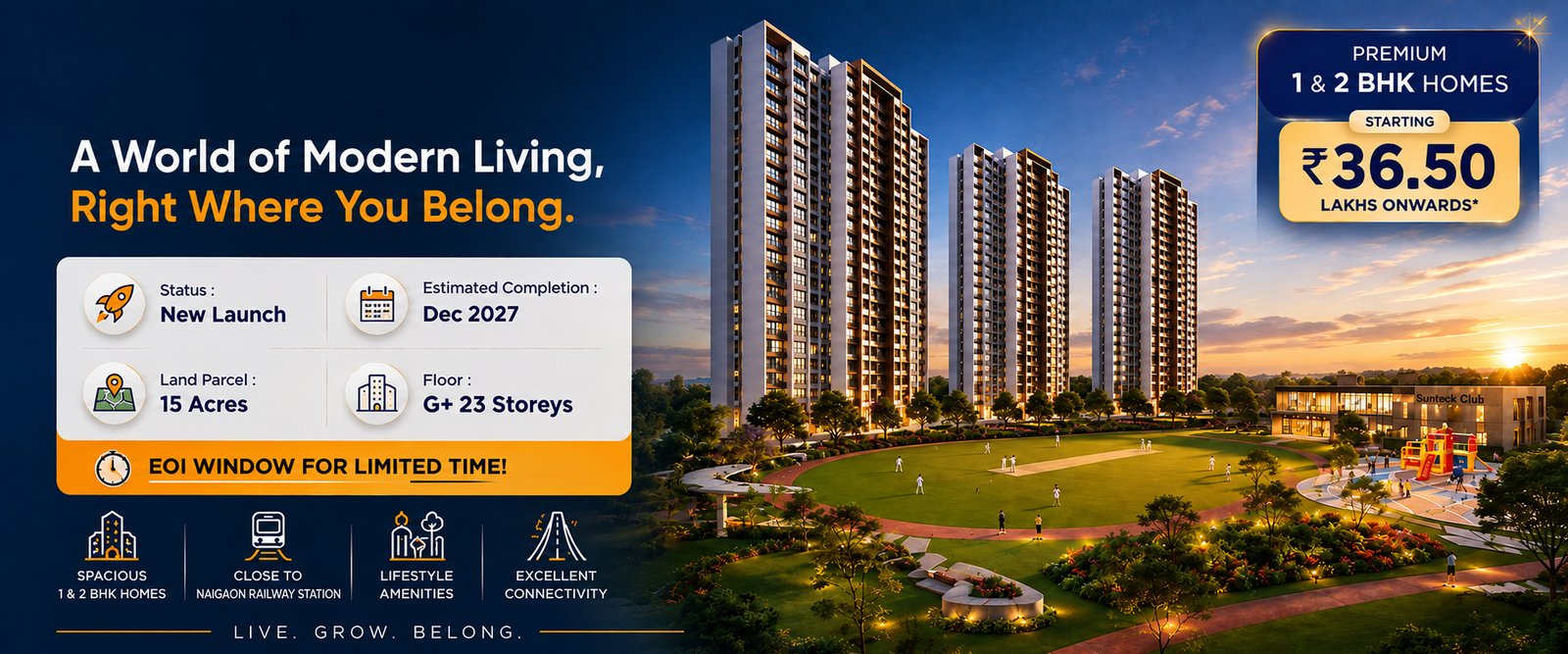 Sunteck One World Naigaon residential towers and landscaped township